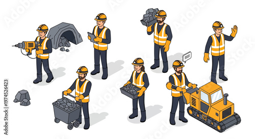 Isometric illustration of miners and mining equipment in a quarry setting, showcasing various tasks and tools used in resource extraction.