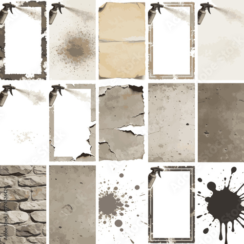 Create a realistic Different types overlay texture, stamps (grunge, dust, old paper, grain, torn, worn, concrete, spray, ink splashes) Overlay texture stamps for old effect. Grunge frames with spray. 