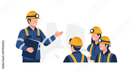 A supervisor in a hard hat and safety vest instructs a group of miners in a training session, emphasizing safety protocols.