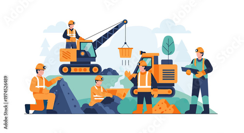Construction workers operating heavy machinery and excavating land for a new project, illustrating industrial development and teamwork.
