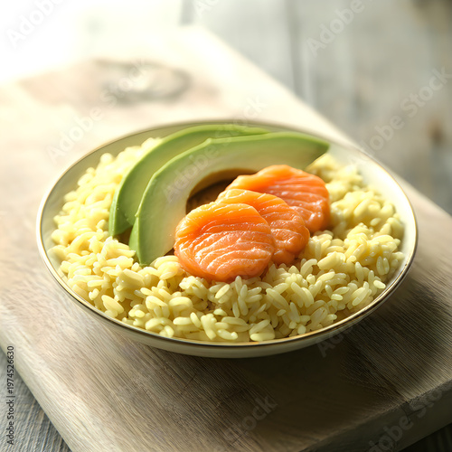 Healthy bowl with rice avocado and smoked salmon on wooden table setting