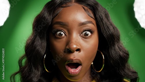 Shocked African American Woman Reacts with Wide Eyes and Open Mouth on Green Screen.