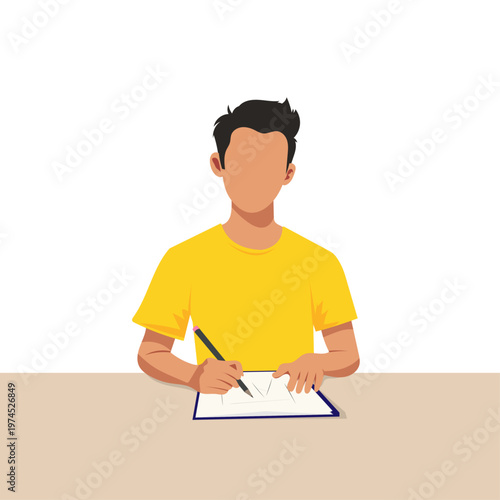 Young Man Student Sitting at Desk Writing on Paper with Pencil Vector Illustration