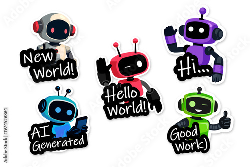 Cute AI Robot Sticker Set with Tech Quotes and Artificial Intelligence Characters Vector