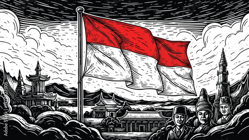 Indonesian flag illustration with traditional cultural elements in black and white