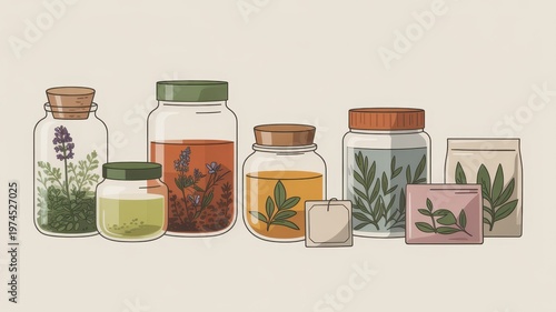 Herbal tea and dried plants in glass jars and paper packs minimal natural wellness set