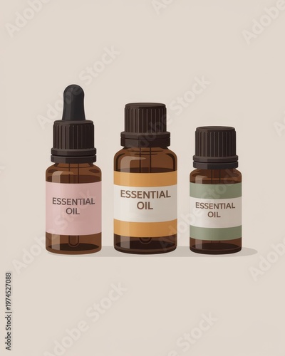 Amber glass bottles with essential oil labels on neutral background minimal wellness and aromatherapy product display