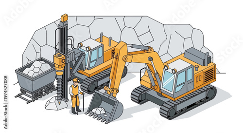 Illustration of heavy mining machinery including a drill rig, excavator, and a mine cart filled with ore, alongside a worker in a quarry.