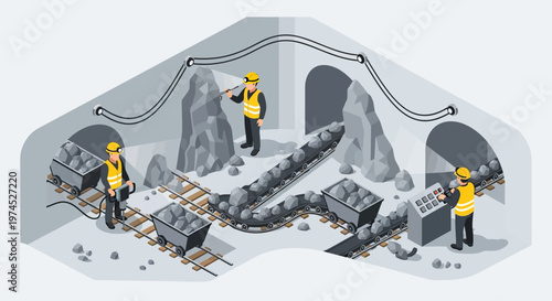 Isometric illustration of miners working in a coal mine, extracting resources with carts and conveyor belts.