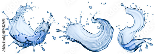Set of blue water splashes isolated on a white background. 3D render
