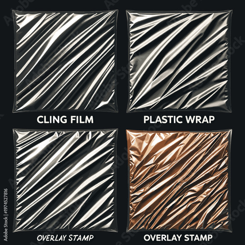Create a realistic Polyethylene packaging, transparent texture for overlay. Plastic Wrap overlay stamp with wrinkled, worn effect. Different types Polyethylene packaging, plastic Wrap, vector art.