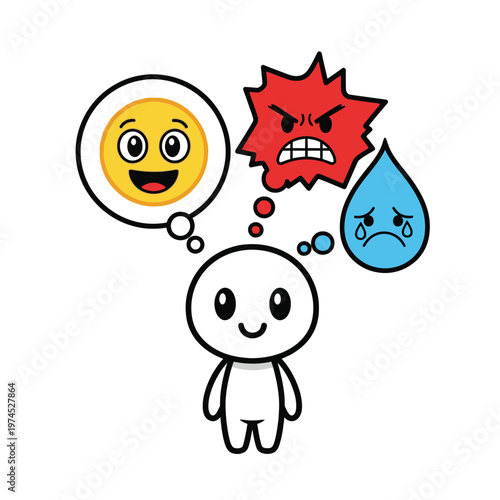 Cartoon character with mixed emotions thought.