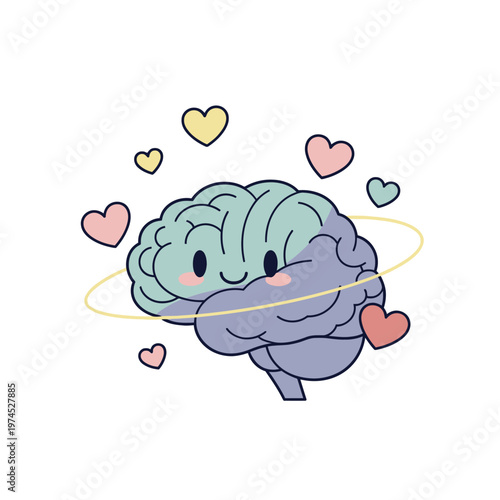 Cute brain with hearts love emotion.