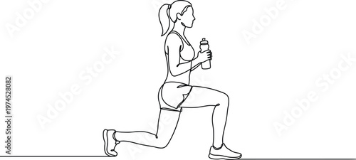 Woman doing lunge exercise holding water bottle fitness workout line art vector illustration for healthy lifestyle training concept