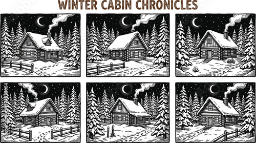 Winter cabin chronicles collection with snowy forest houses night scenes vintage engraving vector illustration set for holiday storytelling design