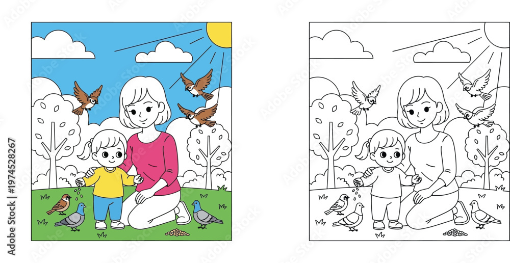 Fototapeta premium Mother and Daughter Feeding Birds in a Park, Family Outdoor Bonding Concept, Colored Illustration and Line Art Set for Kids Coloring Book Page, Nature and Childhood Activity Vector
