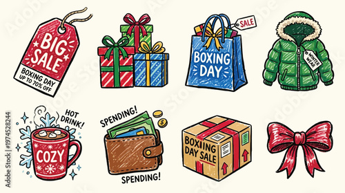 Hand-drawn collection of Boxing Day sale and winter holiday items including gifts, shopping bags, a jacket, hot drink, wallet, and sale tags.