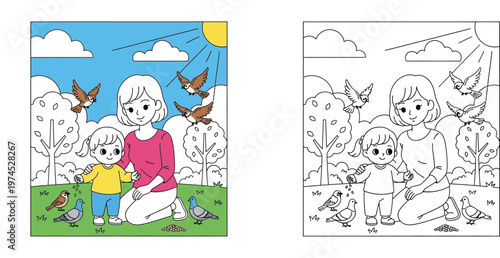 Mother and Daughter Feeding Birds in a Park, Family Outdoor Bonding Concept, Colored Illustration and Line Art Set for Kids Coloring Book Page, Nature and Childhood Activity Vector