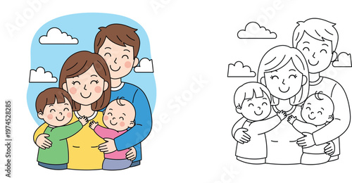 Happy Family Portrait with Mother Father Toddler and Baby, Colored Illustration and Line Art Set for Kids Coloring Book Page, Parents and Children Bonding Concept, Flat Vector Design