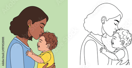 Heartwarming African American Mother Kissing Baby Forehead, Maternal Love and Affection Concept, Colored Illustration and Line Art Set for Kids Coloring Book, Flat Vector Design