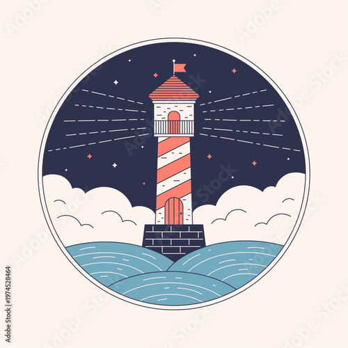 Lighthouse Night Badge – Minimalist Monoline Vector Illustration with Ocean Waves and Beacon Light
