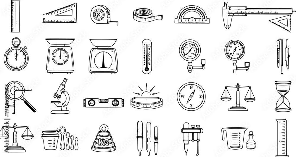 Fototapeta premium Black White Line Art Hand-drawn Science and Measurement Instruments Vector Icons Set - Laboratory Tools, Education Equipment, and Engineering Devices