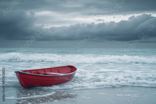 Kleines rotes Ruderboot treibt leer in den Wellen bei Sturm im Meer , Generative AI