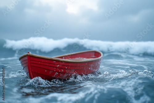 Kleines rotes Ruderboot treibt leer in den Wellen bei Sturm im Meer , Generative AI
