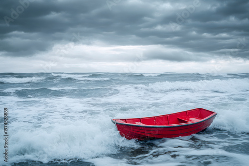 Kleines rotes Ruderboot treibt leer in den Wellen bei Sturm im Meer , Generative AI
