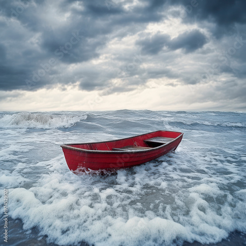 Kleines rotes Ruderboot treibt leer in den Wellen bei Sturm im Meer , Generative AI