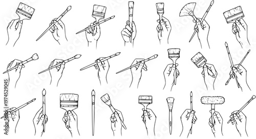 Black and White Line Art of Hands Holding Various Paint Brushes for Artistic Creation