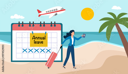Big calendar with holidays note. Take day off to rest and relax from hard work. Woman with suitcases prepare for flight  Vacation planning, HR leave policy. Schedule reminder of annual leave