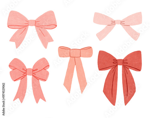 Variety of pink and red ribbon bows hand drawn isolated clip arts for gift wrapping decoration and embellishment design elements for valentines and party crafts.