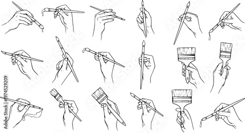 Art  Craft Black  White Line Art Vector Illustration Set: Diverse Hands Holding Paintbrushes and Artist Tools for Creative Design and Education