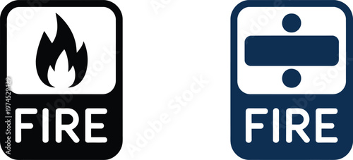 Fire department alarm station sign including flame symbol and emergency notification label designs