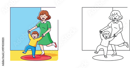 Mother Helping Toddler to Walk, First Steps Concept, Colored Illustration and Line Art Set for Kids Coloring Book Page, Family Bonding and Childhood Development, Flat Vector Design