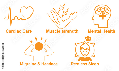 Foto Modern healthcare icon set featuring mental health, cardiac care, migraine & hea