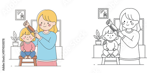 Coloring page for children featuring a mother brushing her daughter's hair, cute character illustration for educational activity books and family-themed creative projects.