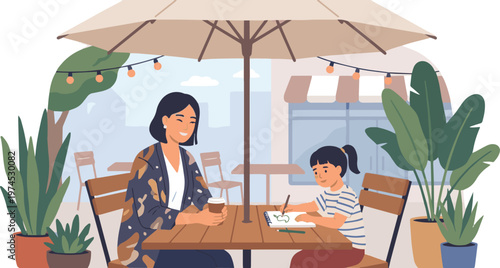  Generate a realistic Asian woman sitting in an outdoor restaurant with her daughter, vector art with white background.