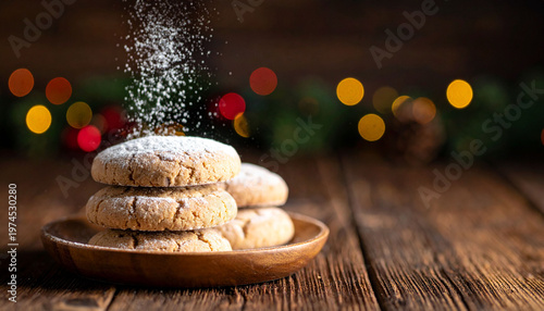 Pebernødder Cookies with Powdered Sugar on Wooden Plate