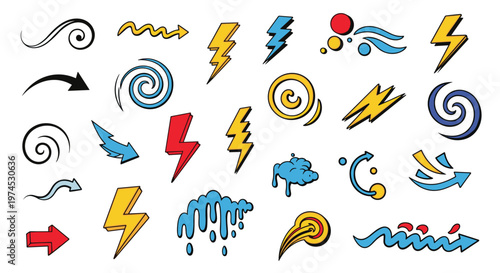 Collection of colorful comic book style design elements such as lightning bolts arrows swirls and clouds on white background.