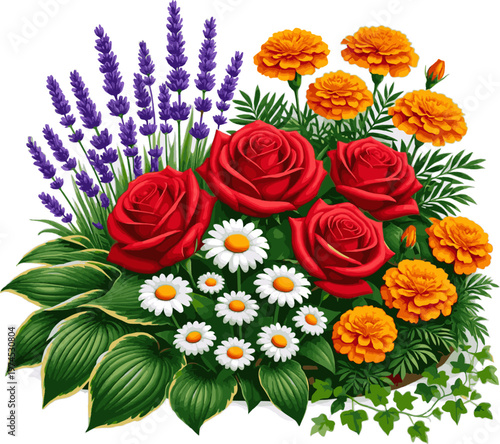 Generate a realistic Large foreground flowerbed with different blooming flowers and plants vector art with white background.