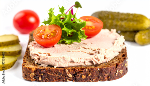Danish Rugbrød with Liver Pâté and Pickles on White Background 
