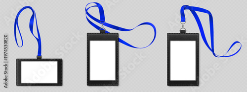 Id badge mockup with blank white paper, black leather card holder and blue lanyard, realistic vector isolated on transparent background. Design template for corporate office staff identification