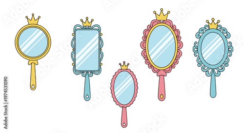 Collection of five colorful decorative hand mirrors each topped with a golden crown in various shapes and styles.