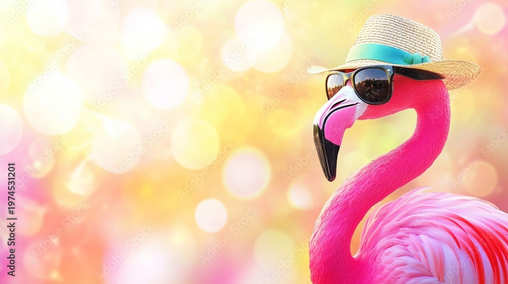 Obraz premium Flamingo wearing hat and sunglasses in bright setting with colorful background
