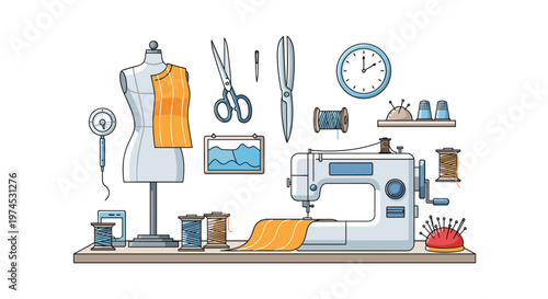 Professional sewing workspace featuring a sewing machine mannequin fabric rolls scissors pins and various tailoring tools on a table.