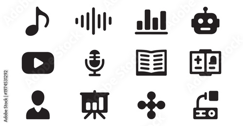 Multimedia and education icons with music note and sound wave symbols for content creation.