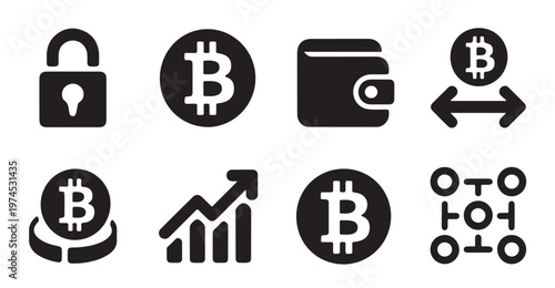 Cryptocurrency bitcoin and financial technology vector icons for digital wallet transactions.