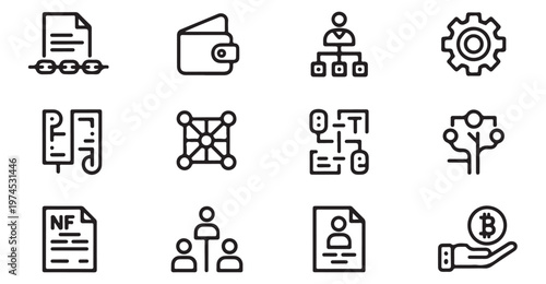 Decentralized finance and blockchain structure vector icons for nft and smart contracts set.